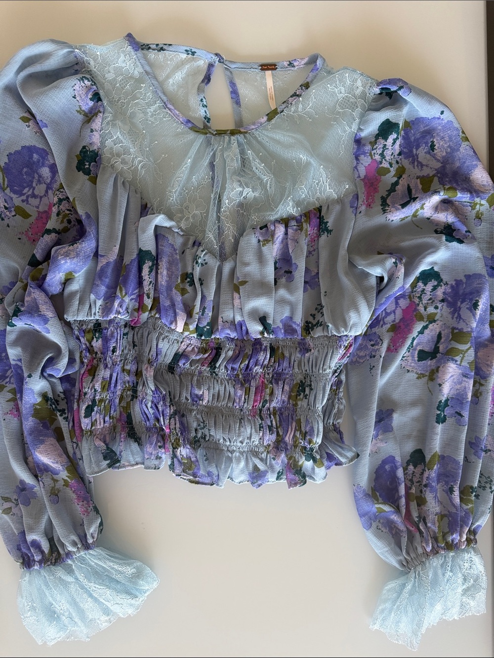 Free people  Floral Lace-Trim Cropped Blouse - Light Blue & Purple